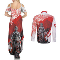 Switzerland Swiss National Day Couples Matching Summer Maxi Dress and Long Sleeve Button Shirt Helvetia Matterhorn