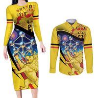 Belgium National Day Couples Matching Long Sleeve Bodycon Dress and Long Sleeve Button Shirt Atomium Leo Belgicus
