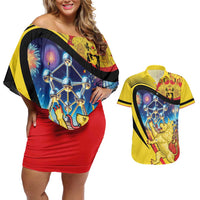 Belgium National Day Couples Matching Off Shoulder Short Dress and Hawaiian Shirt Atomium Leo Belgicus
