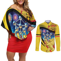 Belgium National Day Couples Matching Off Shoulder Short Dress and Long Sleeve Button Shirt Atomium Leo Belgicus