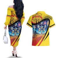 Belgium National Day Couples Matching Off The Shoulder Long Sleeve Dress and Hawaiian Shirt Atomium Leo Belgicus