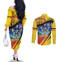 Belgium National Day Couples Matching Off The Shoulder Long Sleeve Dress and Long Sleeve Button Shirt Atomium Leo Belgicus