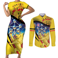 Belgium National Day Couples Matching Short Sleeve Bodycon Dress and Long Sleeve Button Shirt Atomium Leo Belgicus