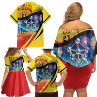 Belgium National Day Family Matching Off Shoulder Short Dress and Hawaiian Shirt Atomium Leo Belgicus