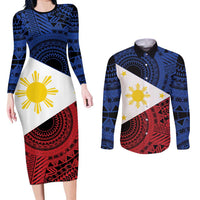 Philippines National Flag Day Couples Matching Long Sleeve Bodycon Dress and Long Sleeve Button Shirt Filipino Tribal Pattern