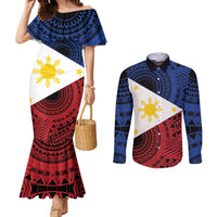 Philippines National Flag Day Couples Matching Mermaid Dress and Long Sleeve Button Shirt Filipino Tribal Pattern