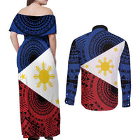Philippines National Flag Day Couples Matching Off Shoulder Maxi Dress and Long Sleeve Button Shirt Filipino Tribal Pattern