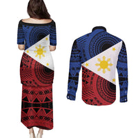 Philippines National Flag Day Couples Matching Puletasi and Long Sleeve Button Shirt Filipino Tribal Pattern