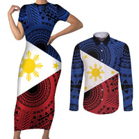 Philippines National Flag Day Couples Matching Short Sleeve Bodycon Dress and Long Sleeve Button Shirt Filipino Tribal Pattern