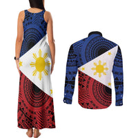 Philippines National Flag Day Couples Matching Tank Maxi Dress and Long Sleeve Button Shirt Filipino Tribal Pattern