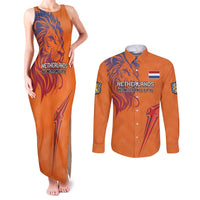 Custom Netherlands Football Couples Matching Tank Maxi Dress and Long Sleeve Button Shirt Oranje Lion - Wonder Print Shop