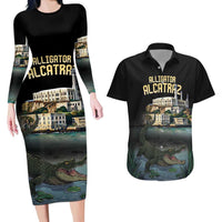 Everglades Alligator Alcatraz Florida Couples Matching Long Sleeve Bodycon Dress and Hawaiian Shirt - Wonder Print Shop