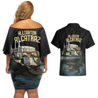 Everglades Alligator Alcatraz Florida Couples Matching Off Shoulder Short Dress and Hawaiian Shirt - Wonder Print Shop