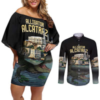 Everglades Alligator Alcatraz Florida Couples Matching Off Shoulder Short Dress and Long Sleeve Button Shirt - Wonder Print Shop