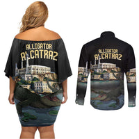 Everglades Alligator Alcatraz Florida Couples Matching Off Shoulder Short Dress and Long Sleeve Button Shirt - Wonder Print Shop