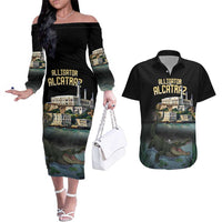 Everglades Alligator Alcatraz Florida Couples Matching Off The Shoulder Long Sleeve Dress and Hawaiian Shirt - Wonder Print Shop