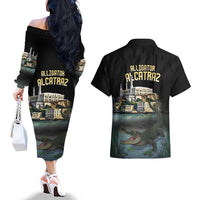 Everglades Alligator Alcatraz Florida Couples Matching Off The Shoulder Long Sleeve Dress and Hawaiian Shirt - Wonder Print Shop