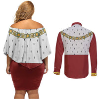 Victoria England Costume Couples Matching Off Shoulder Short Dress and Long Sleeve Button Shirt - Wonder Print Shop