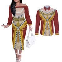 Victoria England Costume Couples Matching Off The Shoulder Long Sleeve Dress and Long Sleeve Button Shirt - Wonder Print Shop