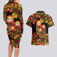 Russian Matryoshka Doll Couples Matching Long Sleeve Bodycon Dress and Hawaiian Shirt Khokhloma Patterns - Wonder Print Shop