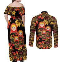 Russian Matryoshka Doll Couples Matching Off Shoulder Maxi Dress and Long Sleeve Button Shirt Khokhloma Patterns - Wonder Print Shop