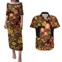 Russian Matryoshka Doll Couples Matching Puletasi and Hawaiian Shirt Khokhloma Patterns - Wonder Print Shop