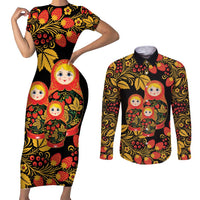 Russian Matryoshka Doll Couples Matching Short Sleeve Bodycon Dress and Long Sleeve Button Shirt Khokhloma Patterns - Wonder Print Shop