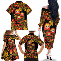 Russian Matryoshka Doll Family Matching Off The Shoulder Long Sleeve Dress and Hawaiian Shirt Khokhloma Patterns - Wonder Print Shop