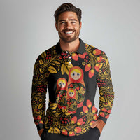 Russian Matryoshka Doll Long Sleeve Polo Shirt Khokhloma Patterns - Wonder Print Shop
