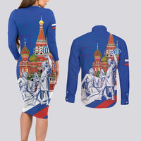 Russia National Unity Day Couples Matching Long Sleeve Bodycon Dress and Long Sleeve Button Shirt Minin And Pozharsky Monument - Wonder Print Shop