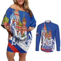 Russia National Unity Day Couples Matching Off Shoulder Short Dress and Long Sleeve Button Shirt Minin And Pozharsky Monument - Wonder Print Shop