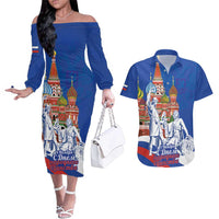 Russia National Unity Day Couples Matching Off The Shoulder Long Sleeve Dress and Hawaiian Shirt Minin And Pozharsky Monument - Wonder Print Shop