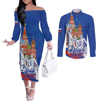 Russia National Unity Day Couples Matching Off The Shoulder Long Sleeve Dress and Long Sleeve Button Shirt Minin And Pozharsky Monument - Wonder Print Shop
