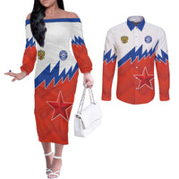Personalized Russia Football Couples Matching Off The Shoulder Long Sleeve Dress and Long Sleeve Button Shirt The National Team Go Champion - Wonder Print Shop
