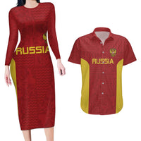 Custom Russia Football Couples Matching Long Sleeve Bodycon Dress and Hawaiian Shirt Nashi Parni Khokhloma Style - Red - Wonder Print Shop