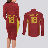 Custom Russia Football Couples Matching Long Sleeve Bodycon Dress and Long Sleeve Button Shirt Nashi Parni Khokhloma Style - Red - Wonder Print Shop