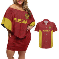 Custom Russia Football Couples Matching Off Shoulder Short Dress and Hawaiian Shirt Nashi Parni Khokhloma Style - Red - Wonder Print Shop