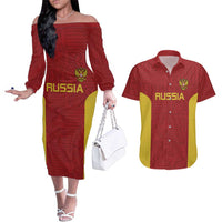 Custom Russia Football Couples Matching Off The Shoulder Long Sleeve Dress and Hawaiian Shirt Nashi Parni Khokhloma Style - Red - Wonder Print Shop