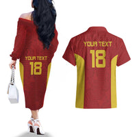 Custom Russia Football Couples Matching Off The Shoulder Long Sleeve Dress and Hawaiian Shirt Nashi Parni Khokhloma Style - Red - Wonder Print Shop
