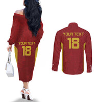Custom Russia Football Couples Matching Off The Shoulder Long Sleeve Dress and Long Sleeve Button Shirt Nashi Parni Khokhloma Style - Red - Wonder Print Shop