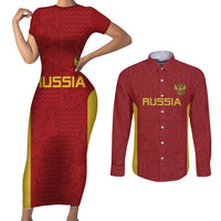Custom Russia Football Couples Matching Short Sleeve Bodycon Dress and Long Sleeve Button Shirt Nashi Parni Khokhloma Style - Red - Wonder Print Shop