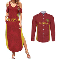 Custom Russia Football Couples Matching Summer Maxi Dress and Long Sleeve Button Shirt Nashi Parni Khokhloma Style - Red - Wonder Print Shop