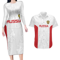 Custom Russia Football Couples Matching Long Sleeve Bodycon Dress and Hawaiian Shirt Nashi Parni Khokhloma Style - White - Wonder Print Shop