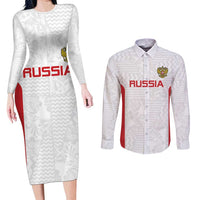 Custom Russia Football Couples Matching Long Sleeve Bodycon Dress and Long Sleeve Button Shirt Nashi Parni Khokhloma Style - White - Wonder Print Shop