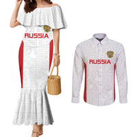 Custom Russia Football Couples Matching Mermaid Dress and Long Sleeve Button Shirt Nashi Parni Khokhloma Style - White - Wonder Print Shop