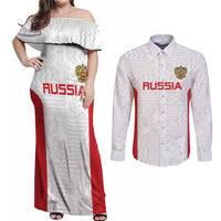 Custom Russia Football Couples Matching Off Shoulder Maxi Dress and Long Sleeve Button Shirt Nashi Parni Khokhloma Style - White - Wonder Print Shop