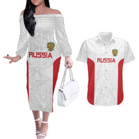 Custom Russia Football Couples Matching Off The Shoulder Long Sleeve Dress and Hawaiian Shirt Nashi Parni Khokhloma Style - White - Wonder Print Shop