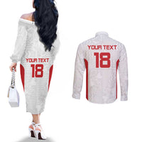Custom Russia Football Couples Matching Off The Shoulder Long Sleeve Dress and Long Sleeve Button Shirt Nashi Parni Khokhloma Style - White - Wonder Print Shop