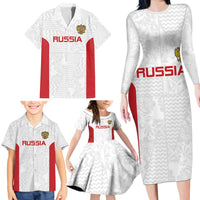 Custom Russia Football Family Matching Long Sleeve Bodycon Dress and Hawaiian Shirt Nashi Parni Khokhloma Style - White - Wonder Print Shop
