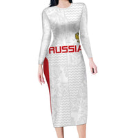 Custom Russia Football Family Matching Long Sleeve Bodycon Dress and Hawaiian Shirt Nashi Parni Khokhloma Style - White - Wonder Print Shop